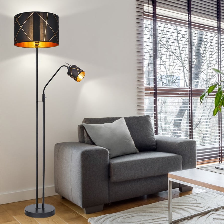 Floor lamp living room with reading lamp uplight black gold