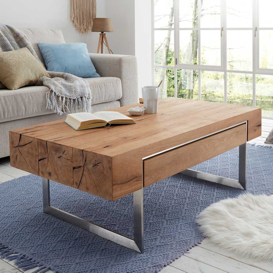 Design Wohnzimmer Tisch mit Asteiche Furnier & Schublade