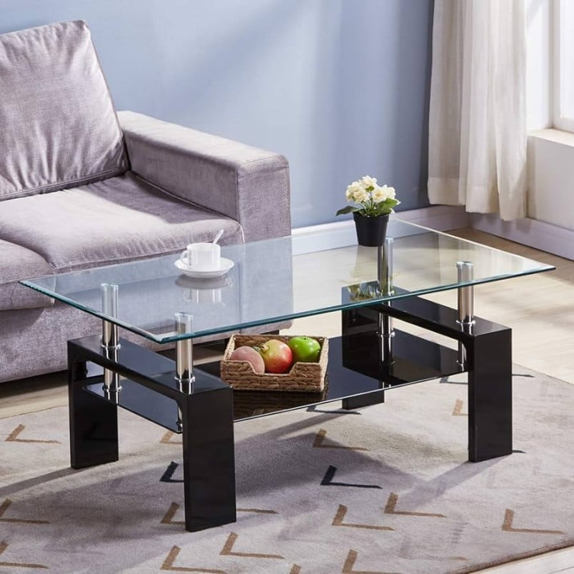 GOLDFAN Coffee Table Glass Rectangular Living Room Table Glass Coffee Table  Black High Gloss Coffee Table Glass Table for Living Room